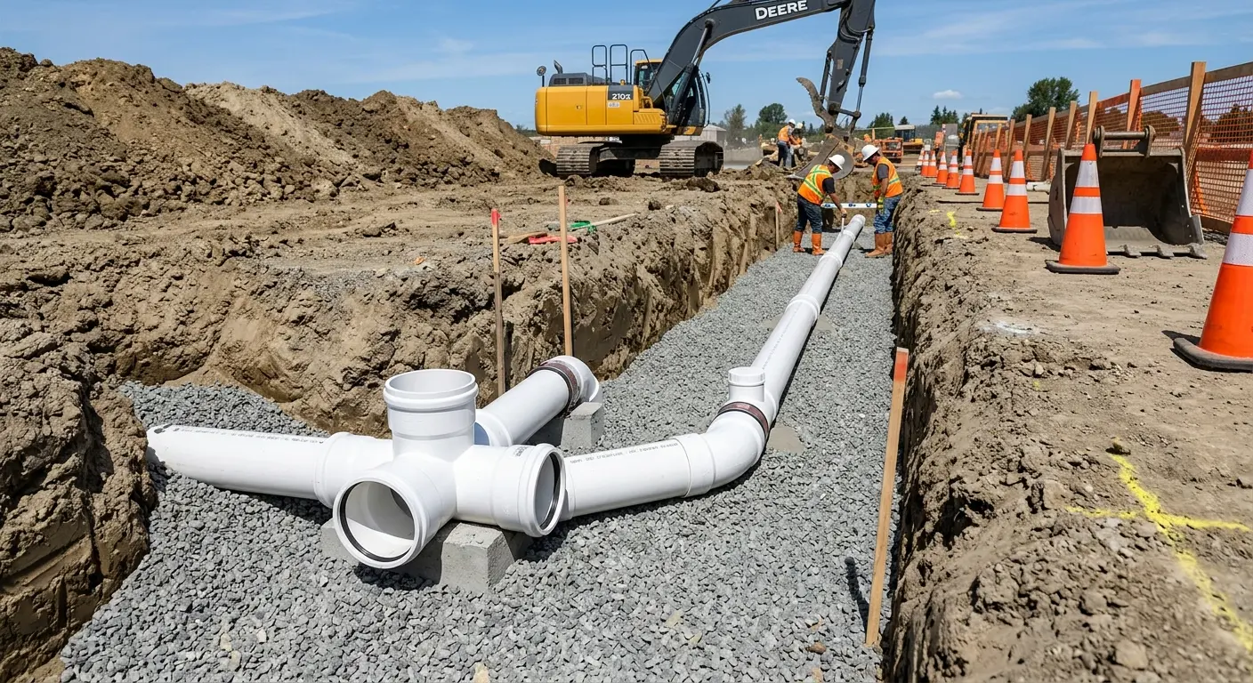 New PVC sewer pipe installation in open trench for Commercial Drain Cleaning in Bloomfield