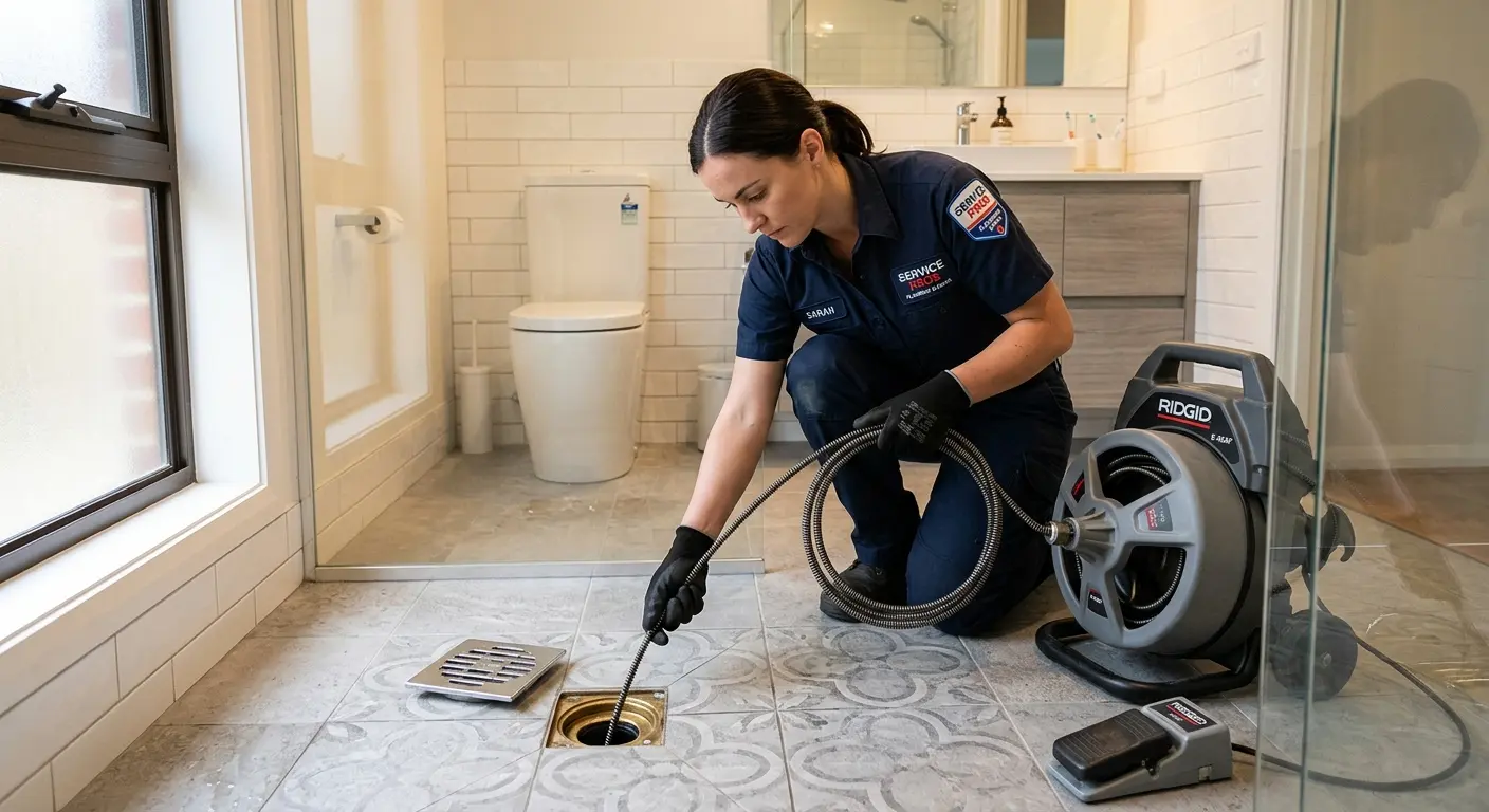 Technician clearing a bathroom floor drain for Hydro Jetting in Bloomfield